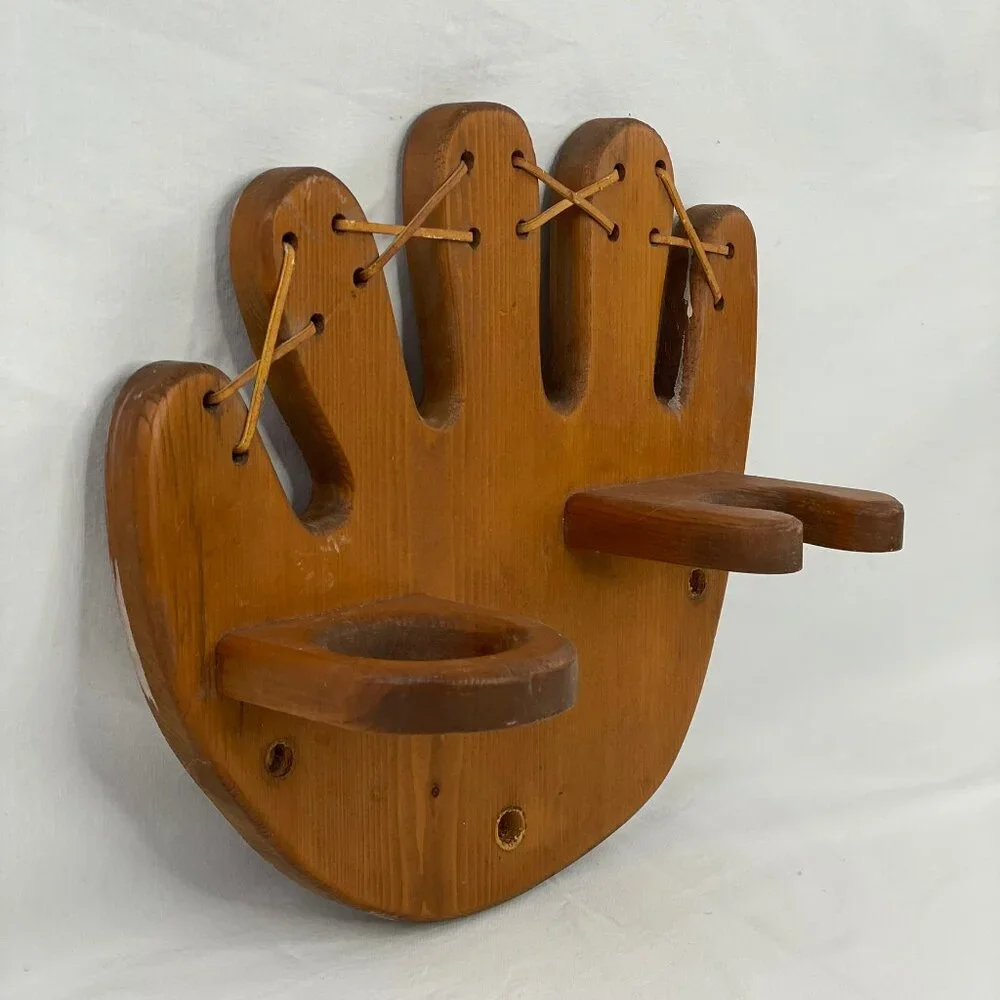 Vintage Wall Hanging Wooden Baseball Bat & Ball Display Rack Holder Mitt Glove